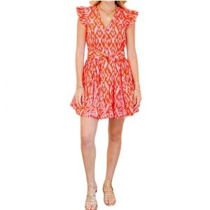 Cleobella Lela Mini Dress Pink Orange Jaipur Ikat Print Flutter Sleeves V Neck